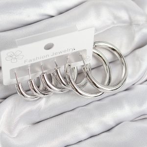 Pirinç Halka Model Gümüş Renk Kadın Set Küpe