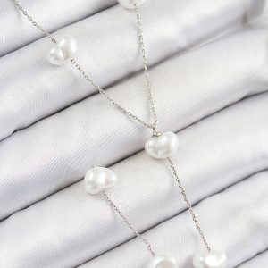 Pirinç İncili Kalp Figürlü Y Model Gümüş Renk Kadın Kolye