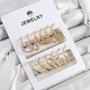 Pirinç Karışık Halka Model Gold Renk 6 Çift Kadın Küpe Set