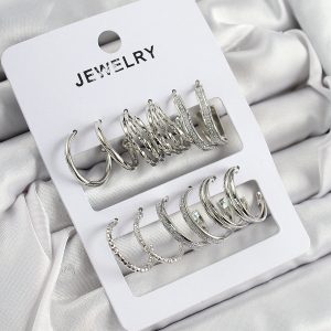 Pirinç Karışık Halka Model Gümüş Renk 6 Çift Kadın Küpe Set