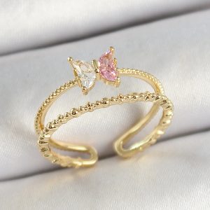 Pirinç Kelebek Figürlü Zirkon Taşlı Gold Renk Ayarlanabilir Kadın Yüzük