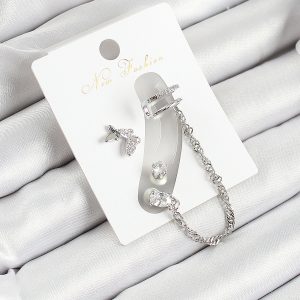 Pirinç Kelebek Figürlü Zirkon Taşlı Gümüş Renk 3'lü Kıkırdak Kadın Küpe Set