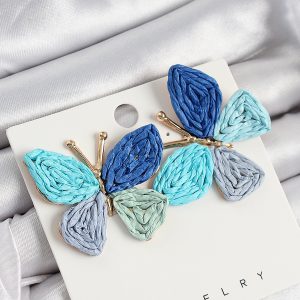 Pirinç Mavi Kelebek Model Gold Renk Kadın Hasır Küpe