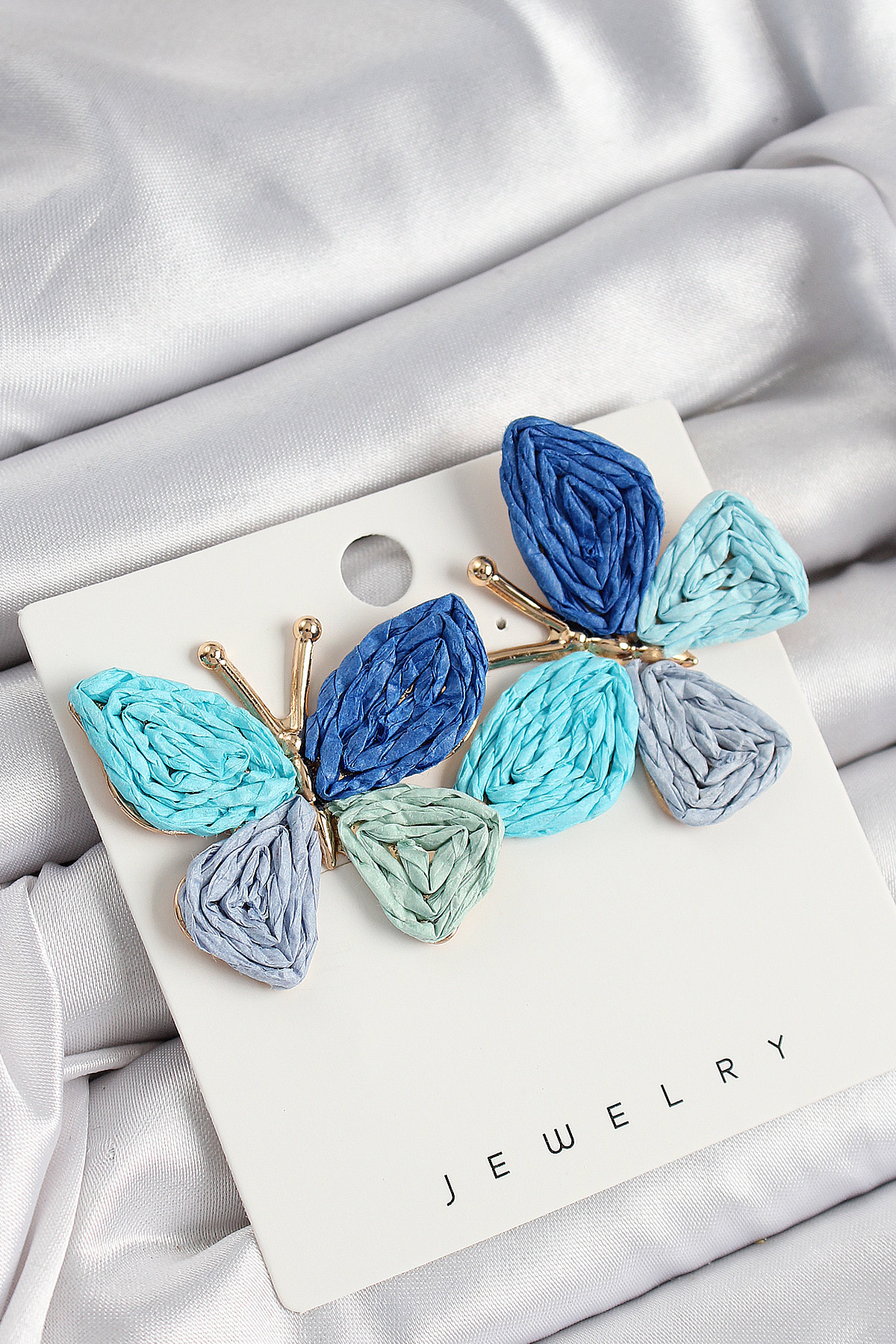 Pirinç Mavi Kelebek Model Gold Renk Kadın Hasır Küpe