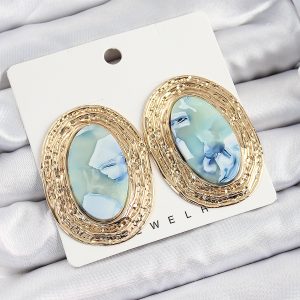 Pirinç Mermer Desenlli Mavi Sedef Oval Vintage Model Gold Renk Kadın Küpe