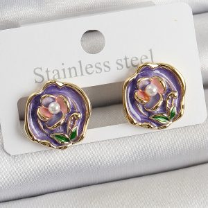 Pirinç Mor Mineli Çiçek Figürlü Sanatsal Portre Model Gold Renk Kadın Küpe