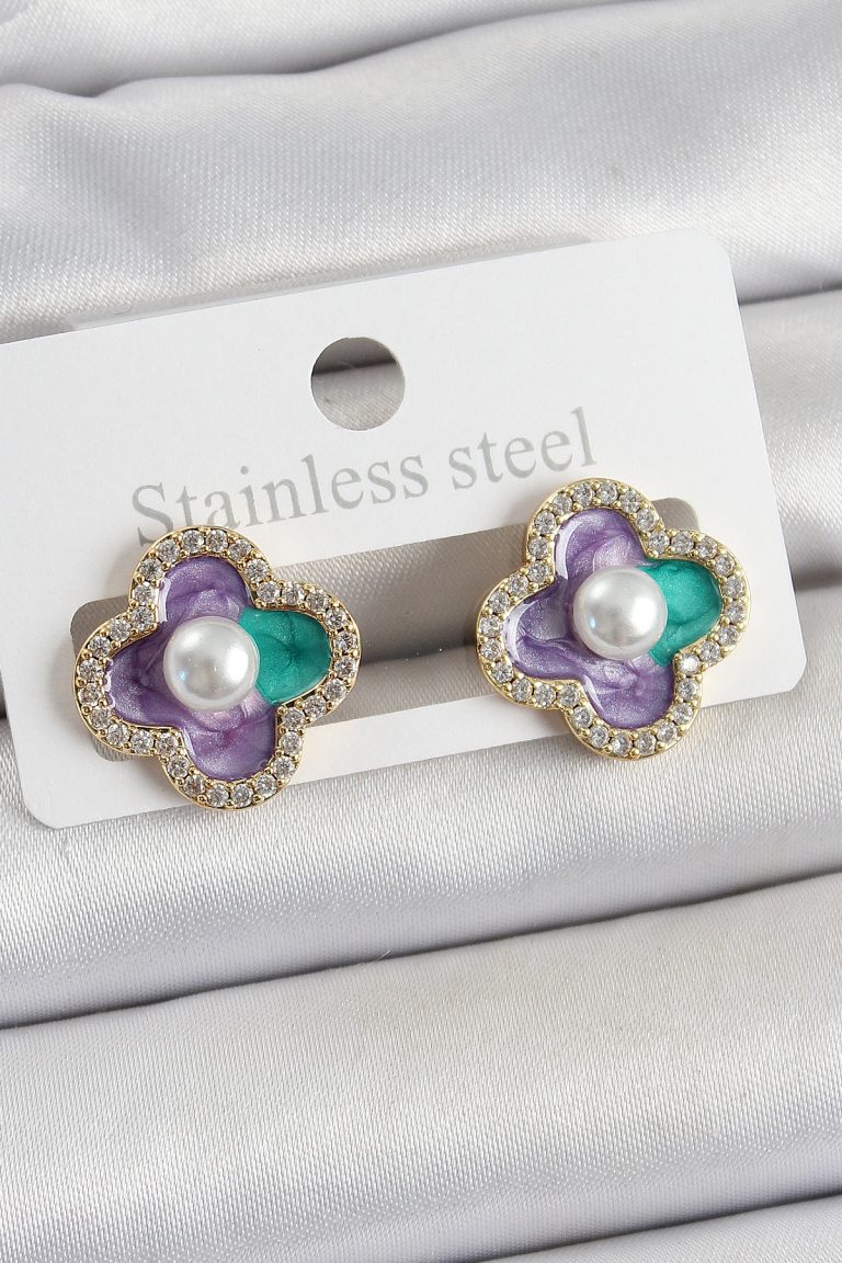 Pirinç Mor Mineli İnci Detaylı Zirkon Taşlı Sanatsal Portre Yonca Model Gold Renk Kadın Küpe