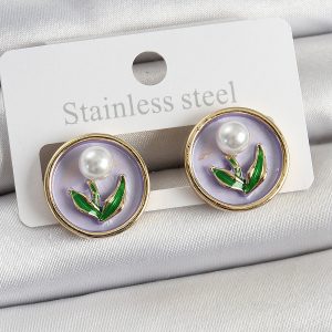 Pirinç Mor Mineli Lale Figürlü Sanatsal Portre Model Gold Renk Kadın Küpe