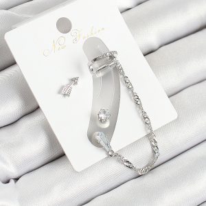 Pirinç Ok Figürlü Zirkon Taşlı Gümüş Renk 3'lü Kıkırdak Kadın Küpe Set