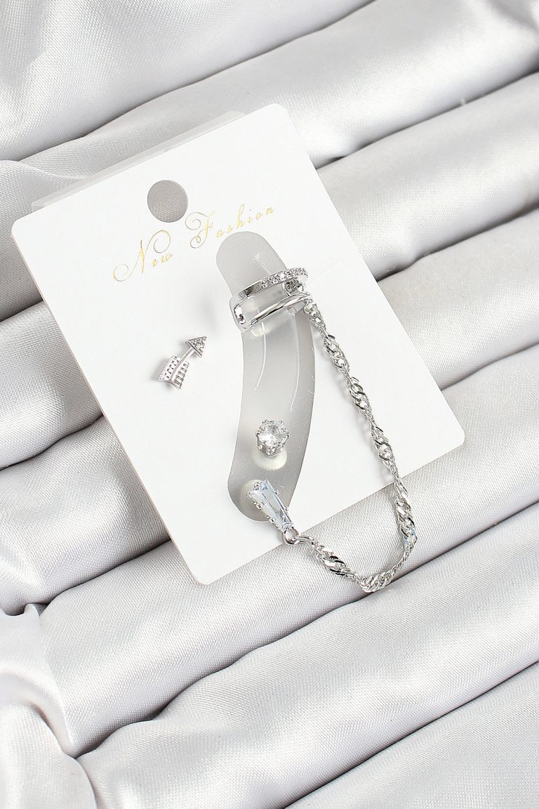 Pirinç Ok Figürlü Zirkon Taşlı Gümüş Renk 3'lü Kıkırdak Kadın Küpe Set