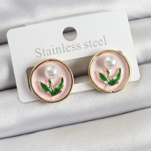 Pirinç Pembe Mineli Lale Figürlü Sanatsal Portre Model Gold Renk Kadın Küpe