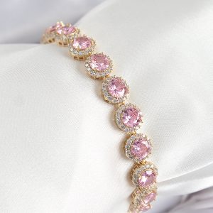 Pirinç Pembe Zirkon Taşlı Daire Baget Model Gold Renk VIP Seri Kadın Bileklik