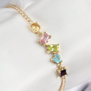 Pirinç Renkli Zirkon Taşlı Geometrik Model Gold Renk Kadın Bileklik