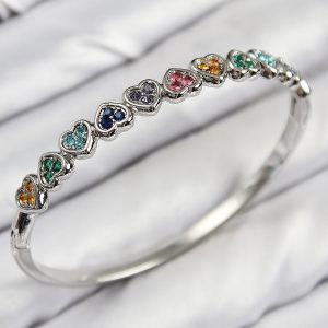 Pirinç Renkli Zirkon Taşlı Sıralı Kalp Model Gümüş Renk Kadın Kelepçe