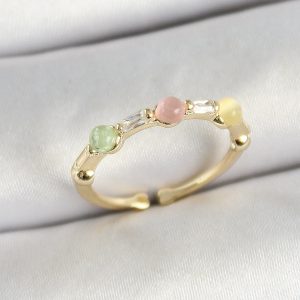 Pirinç Sıralı Boncuk Figürlü Zirkon Taşlı Gold Renk Ayarlanabilir Kadın Yüzük