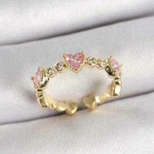 Pirinç Sıralı Kalp Figürlü Zirkon Taşlı Gold Renk Ayarlanabilir Kadın Yüzük