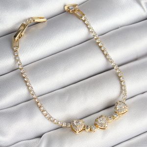 Pirinç Sıralı Kalp Figürlü Zirkon Taşlı Gold Renk Kadın Bileklik