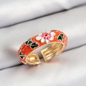 Pirinç Turuncu Mineli Çiçek Motifli Gold Renk Ayarlanabilir Kadın Yüzük