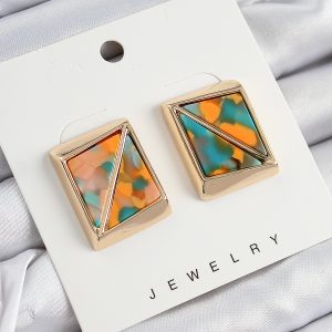 Pirinç Turuncu Yeşil Üçgen Kesim Detaylı Kare Model Vintage Gold Renk Kadın Küpe