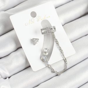 Pirinç Üçgen Figürlü Zirkon Taşlı Gümüş Renk 3'lü Kıkırdak Kadın Küpe Set