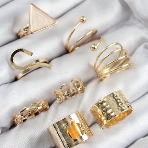 Pirinç Üçgen Model Gold Renk Kadın Yüzük Kombin Set