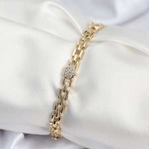 Pirinç VIP Seri Gold Renk Zincir Model Kalpli Zirkon Taşlı Kadın Bileklik