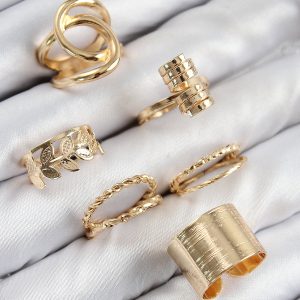 Pirinç Yaprak Model Gold Renk Kadın Yüzük Kombin Set