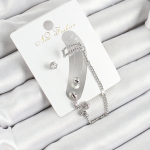 Pirinç Yılan Figürlü Zirkon Taşlı Gümüş Renk 3'lü Kıkırdak Kadın Küpe Set