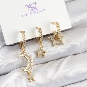 Pirinç Zİrkon Taşlı Ay Ve Hilal Model Gold Renk 3'lü Kadın Küpe