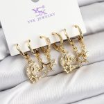 Pirinç Zİrkon Taşlı Ay ve Yıldız Model Gold Renk 3'lü Çift Kadın Küpe