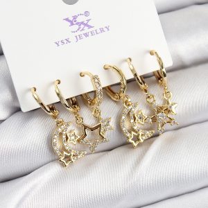 Pirinç Zİrkon Taşlı Ay ve Yıldız Model Gold Renk 3'lü Çift Kadın Küpe