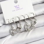 Pirinç Zİrkon Taşlı Ay ve Yıldız Model Gümüş Renk 3'lü Çift Kadın Küpe