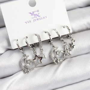 Pirinç Zİrkon Taşlı Ay ve Yıldız Model Gümüş Renk 3'lü Çift Kadın Küpe