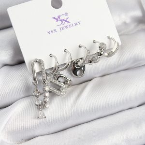 Pirinç Zİrkon Taşlı Dikdörtgen Model Gümüş Renk 3'lü Çift Kadın Küpe