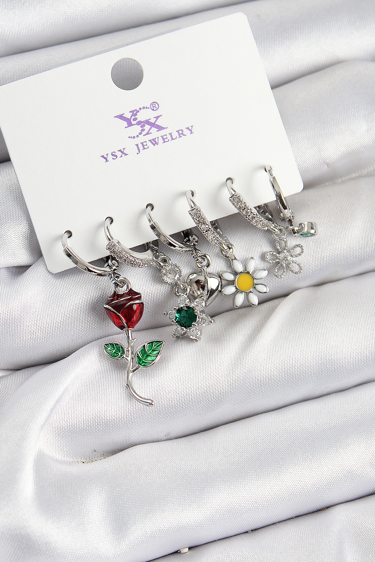 Pirinç Zİrkon Taşlı Gül Ve Papatya Model Gümüş Renk 3'lü Çift Kadın Küpe