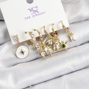 Pirinç Zİrkon Taşlı Kelebek ve Yıldız Model Gold Renk 3'lü Çift Kadın Küpe