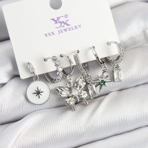 Pirinç Zİrkon Taşlı Kelebek ve Yıldız Model Gümüş Renk 3'lü Çift Kadın Küpe