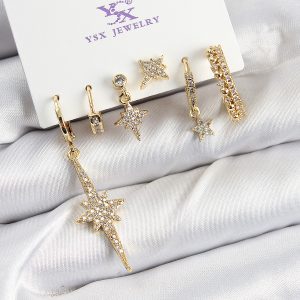 Pirinç Zİrkon Taşlı Kutup Yıldızı Model Gold Renk 3'lü Çift Kadın Küpe