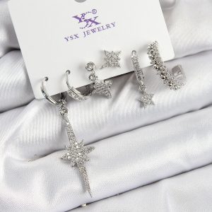 Pirinç Zİrkon Taşlı Kutup Yıldızı Model Gümüş Renk 3'lü Çift Kadın Küpe