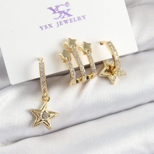 Pirinç Zİrkon Taşlı Sallantılı Yıldız Model Gold Renk 3'lü Kadın Küpe