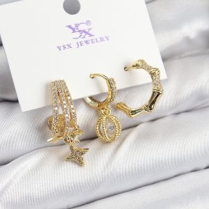 Pirinç Zİrkon Taşlı Sallantılı Yıldız Model Gold Renk 3'lü Kadın Küpe