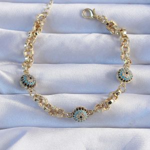 Pirinç Zincir Altın Renk Zirkon Taşlı Nazarlı Bileklik