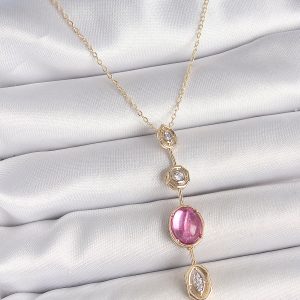 Pirinç Zincir Gold Renk Pembe Zirkon Taşlı Y Kolye