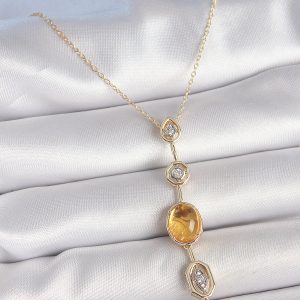 Pirinç Zincir Kehribar Sarı Gold Renk  Zirkon Taşlı Y Kolye