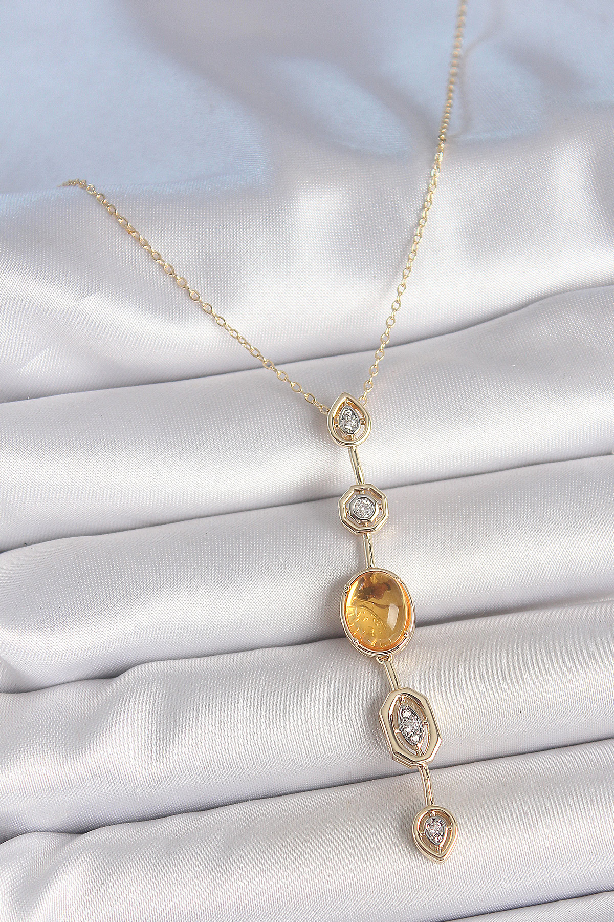 Pirinç Zincir Kehribar Sarı Gold Renk Zirkon Taşlı Y Kolye