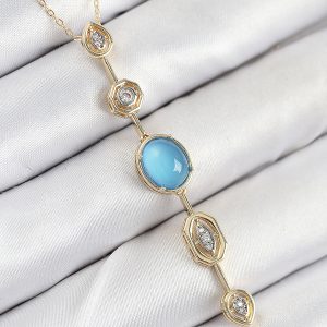 Pirinç Zincir Mavi Gold Renk Zirkon Taşlı Y Kolye