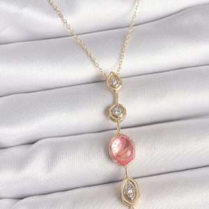 Pirinç Zincir Pembe Gold Renk Zirkon Taşlı Y Kolye