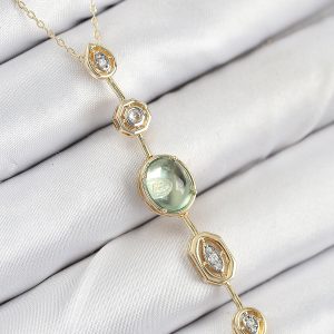 Pirinç Zincir Yeşil Gold Renk Zirkon Taşlı Y Kolye