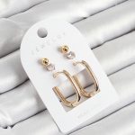 Pirinç Zirkon Taş Ve Dikdörtgen Figürlü Gold Renk 3'lü Çift Kadın Küpe Set