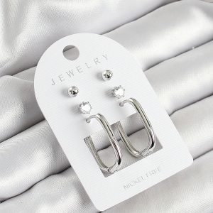 Pirinç Zirkon Taş Ve Dikdörtgen Figürlü Gümüş Renk 3'lü Çift Kadın Küpe Set